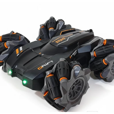 Remote control stunt drift car with 360° rotation, double-sided drive, and music for kids.